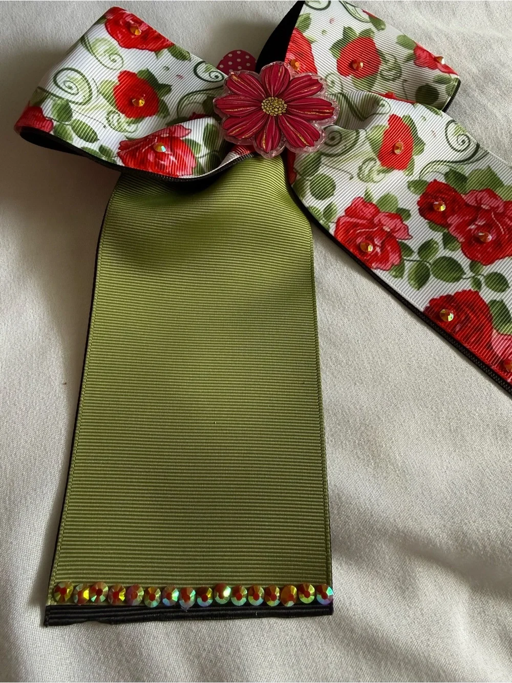 Floral Red & Green Ribbon Hair Bow with Flower Center